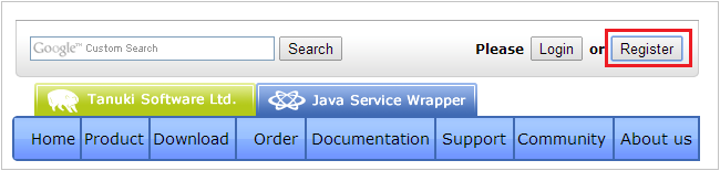 On the Java Service Wrapper site, please click the "Register" button or the "Register an Account" button on the Login Page.